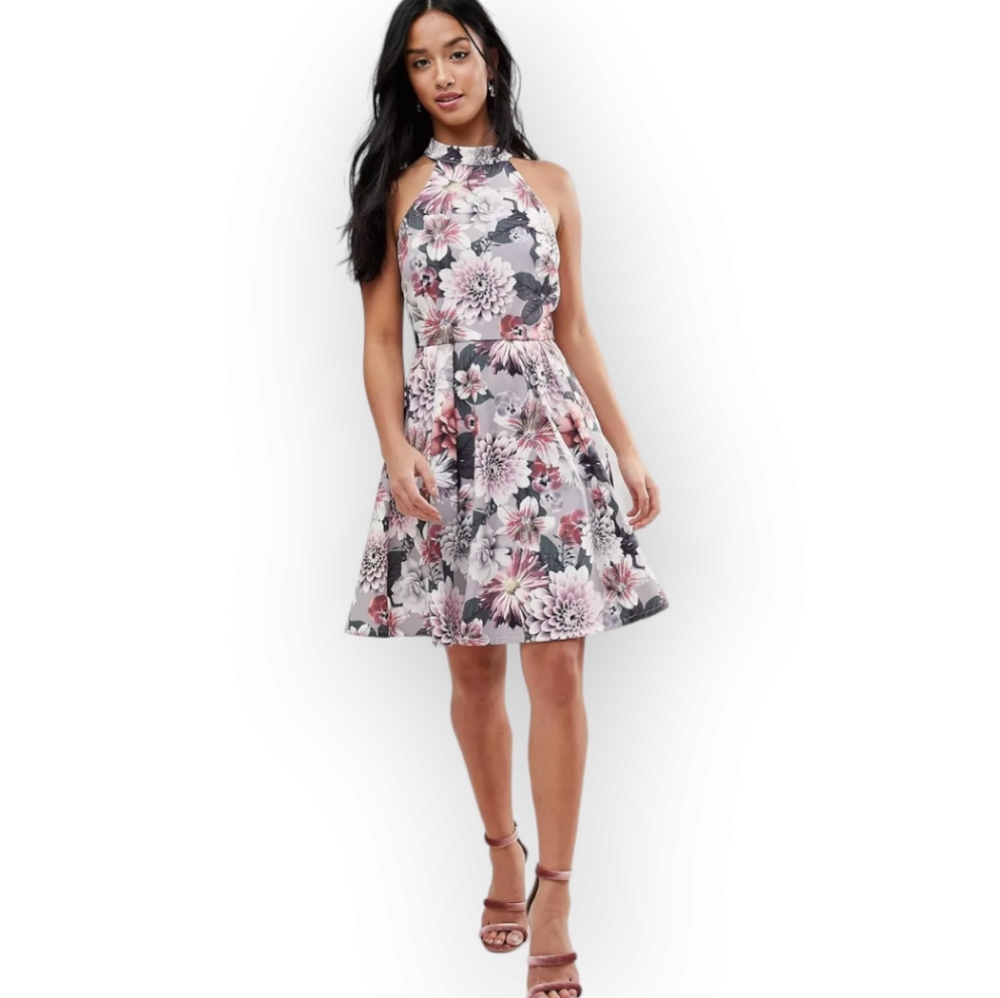 NWOT Asos Paper Dolls gray purple floral fit & flare racer back dress Womens 12 - Picture 5 of 9